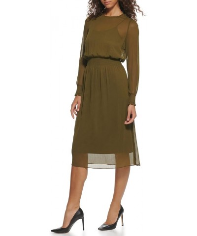 Women's Sintched Waist Midi Dress Dark Olive $22.18 Dresses