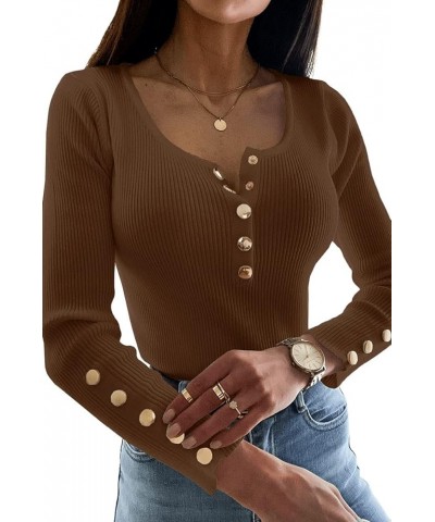 Womens Sexy Long Sleeve Sweater Scoop Neck Button Up Fitted Pullover Shirts Tops Coffee $17.48 Sweaters