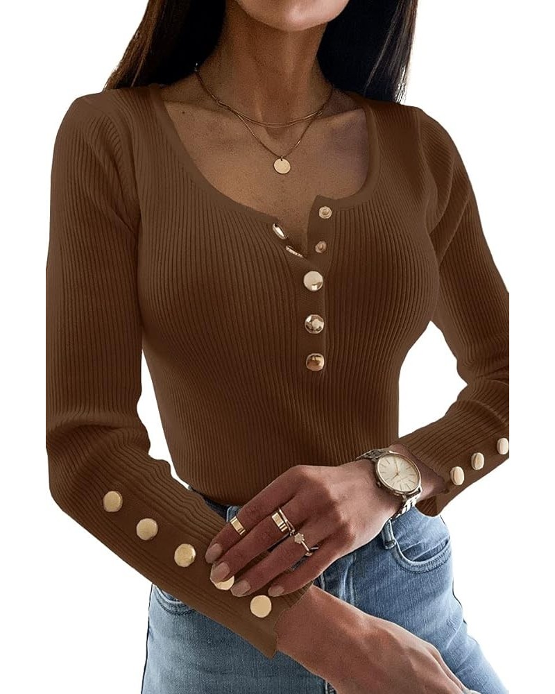 Womens Sexy Long Sleeve Sweater Scoop Neck Button Up Fitted Pullover Shirts Tops Coffee $17.48 Sweaters