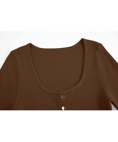 Womens Sexy Long Sleeve Sweater Scoop Neck Button Up Fitted Pullover Shirts Tops Coffee $17.48 Sweaters