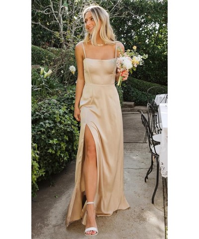 Women's Long Satin Bridesmaid Dresses with Slit Spaghetti Straps Prom Dress Formal Evening Gown Yellow $30.24 Dresses