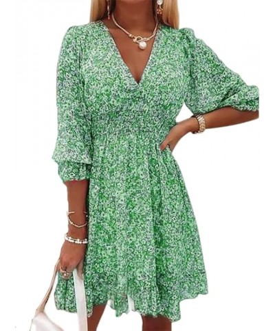 Summer Ladies Deep V Neck Bohemian Floral Print Dress Casual 3/4 Long Sleeve Ruffled Belted Waist Hem Mini Skirt Green $14.81...