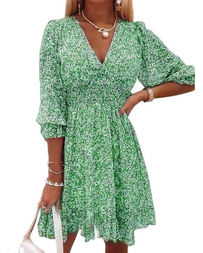 Summer Ladies Deep V Neck Bohemian Floral Print Dress Casual 3/4 Long Sleeve Ruffled Belted Waist Hem Mini Skirt Green $14.81...