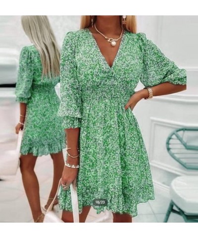 Summer Ladies Deep V Neck Bohemian Floral Print Dress Casual 3/4 Long Sleeve Ruffled Belted Waist Hem Mini Skirt Green $14.81...