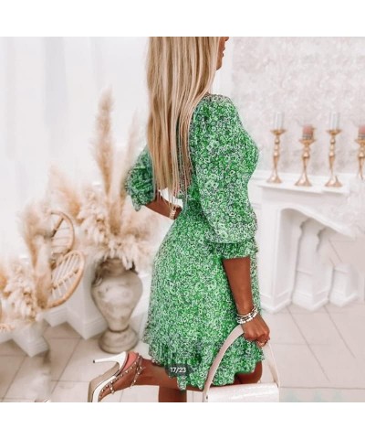 Summer Ladies Deep V Neck Bohemian Floral Print Dress Casual 3/4 Long Sleeve Ruffled Belted Waist Hem Mini Skirt Green $14.81...