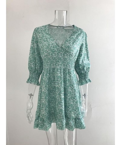 Summer Ladies Deep V Neck Bohemian Floral Print Dress Casual 3/4 Long Sleeve Ruffled Belted Waist Hem Mini Skirt Green $14.81...