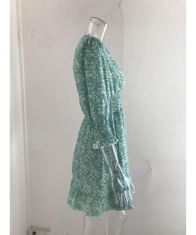 Summer Ladies Deep V Neck Bohemian Floral Print Dress Casual 3/4 Long Sleeve Ruffled Belted Waist Hem Mini Skirt Green $14.81...