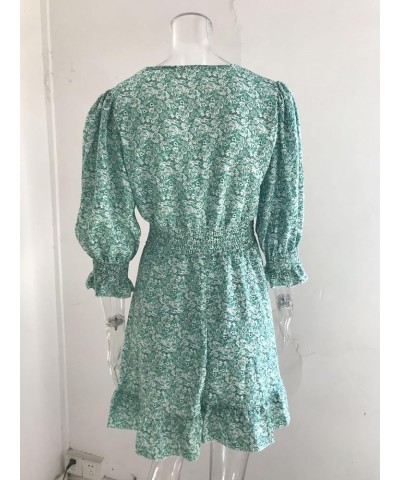 Summer Ladies Deep V Neck Bohemian Floral Print Dress Casual 3/4 Long Sleeve Ruffled Belted Waist Hem Mini Skirt Green $14.81...