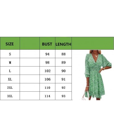 Summer Ladies Deep V Neck Bohemian Floral Print Dress Casual 3/4 Long Sleeve Ruffled Belted Waist Hem Mini Skirt Green $14.81...