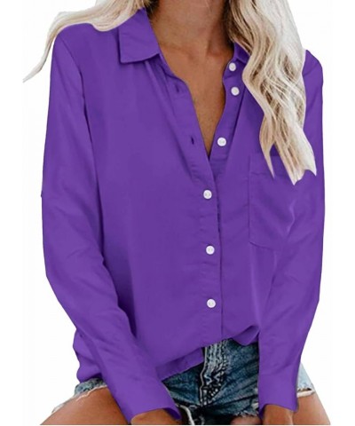 Button Down Shirts for Women Casual Long Sleeve Tunic Tops Loose Fit Collared Blouse Solid Work Business Tops W/Pocket A-purp...