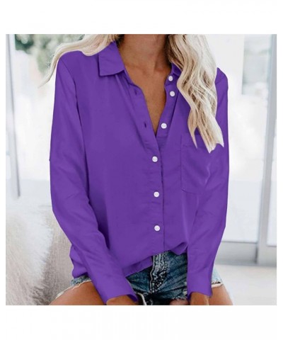 Button Down Shirts for Women Casual Long Sleeve Tunic Tops Loose Fit Collared Blouse Solid Work Business Tops W/Pocket A-purp...