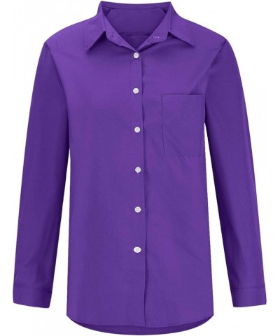 Button Down Shirts for Women Casual Long Sleeve Tunic Tops Loose Fit Collared Blouse Solid Work Business Tops W/Pocket A-purp...