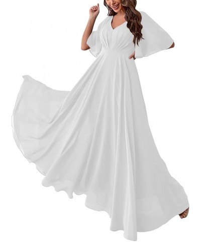 Batwing Sleeve Bridesmaid Dresses Long Chiffon Party Gowns Pleats Formal Elegant Dresses with Pockets SD097 White $27.95 Dresses