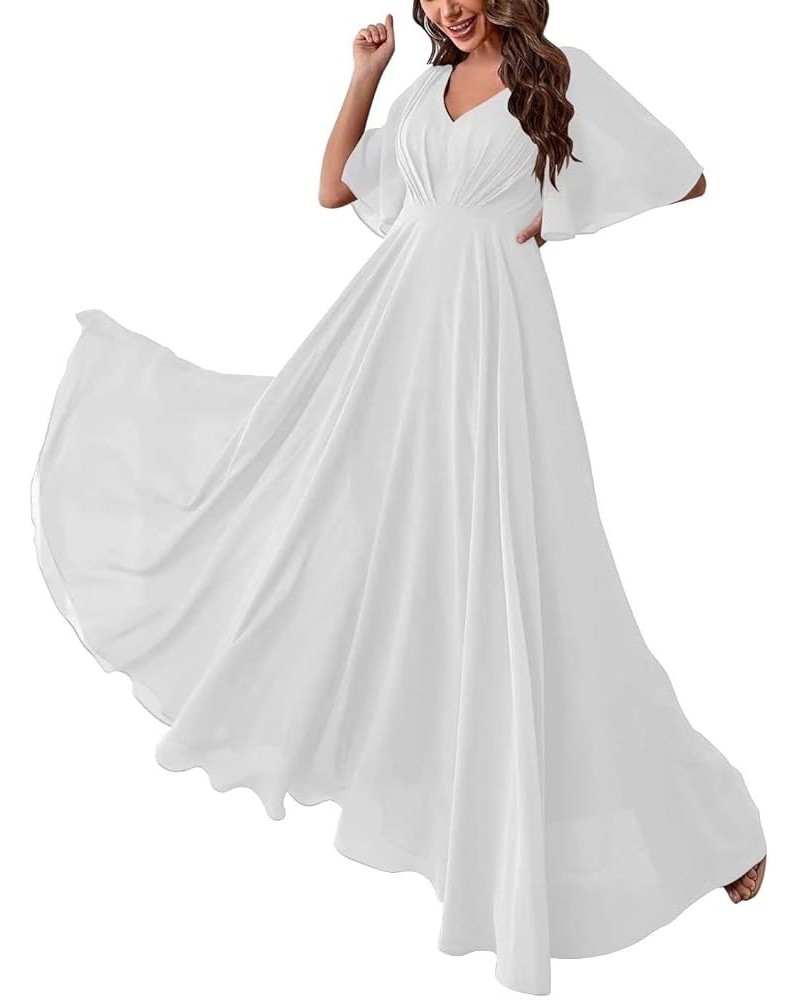 Batwing Sleeve Bridesmaid Dresses Long Chiffon Party Gowns Pleats Formal Elegant Dresses with Pockets SD097 White $27.95 Dresses