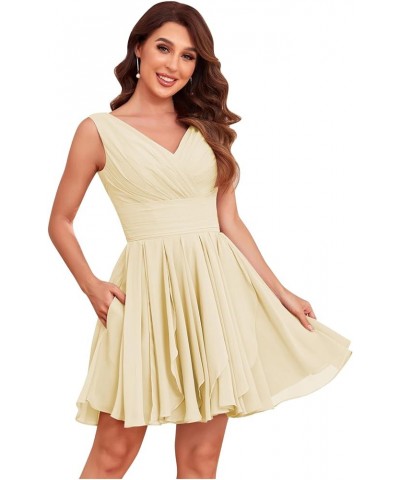 Women's V Neck A-Line Bridesmaid Dresses Short for Wedding Pleated Formal Party Gown with Pockets Champagne $30.24 Dresses