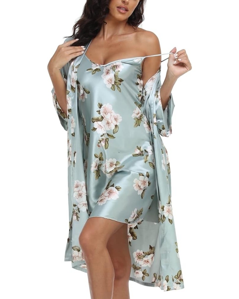 Women's Satin Robe Sets 2 Piece Nightgown Silk Pajama Sexy Floral Lingerie Lace Cami Sleepwear Night Robes Light Blue $10.58 ...