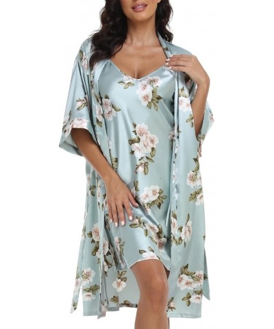 Women's Satin Robe Sets 2 Piece Nightgown Silk Pajama Sexy Floral Lingerie Lace Cami Sleepwear Night Robes Light Blue $10.58 ...