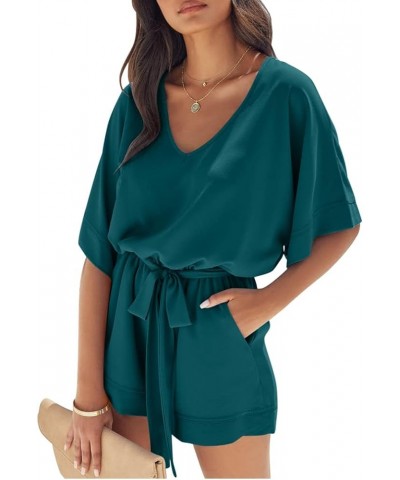 Women's Summer Casual Loose V Neck Short Sleeve Elastic Party Jumpsuit Rompers With Belt Drakblue $12.80 Rompers