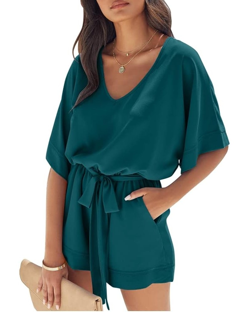 Women's Summer Casual Loose V Neck Short Sleeve Elastic Party Jumpsuit Rompers With Belt Drakblue $12.80 Rompers