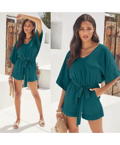 Women's Summer Casual Loose V Neck Short Sleeve Elastic Party Jumpsuit Rompers With Belt Drakblue $12.80 Rompers