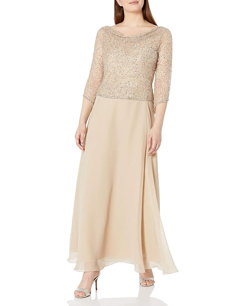 Women's Petite Long Beaded Dress with Cowl Neck Camel/White/Silver $35.81 Dresses