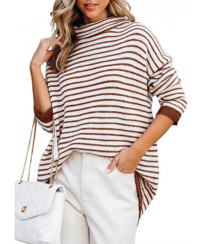 Womens Oversized Turtleneck Pullover Sweaters 2023 Striped Warm Long Sleeve Knit Tunic Jumper Tops Brown $16.79 Sweaters