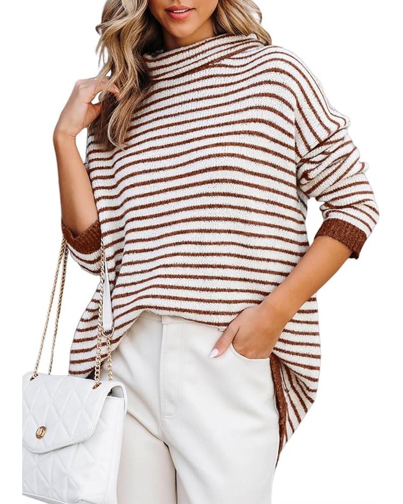 Womens Oversized Turtleneck Pullover Sweaters 2023 Striped Warm Long Sleeve Knit Tunic Jumper Tops Brown $16.79 Sweaters