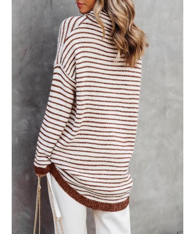 Womens Oversized Turtleneck Pullover Sweaters 2023 Striped Warm Long Sleeve Knit Tunic Jumper Tops Brown $16.79 Sweaters