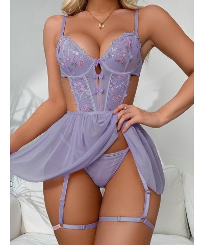 Women's Floral Embroidery Mesh Split Cut Out Babydoll Lingerie Slip Dress Floral Purple $14.88 Lingerie