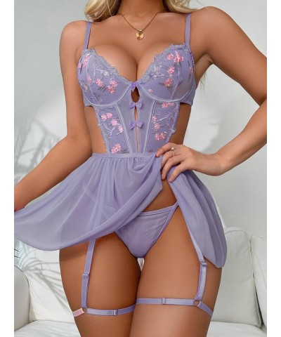 Women's Floral Embroidery Mesh Split Cut Out Babydoll Lingerie Slip Dress Floral Purple $14.88 Lingerie