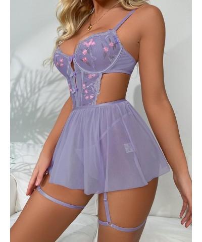 Women's Floral Embroidery Mesh Split Cut Out Babydoll Lingerie Slip Dress Floral Purple $14.88 Lingerie