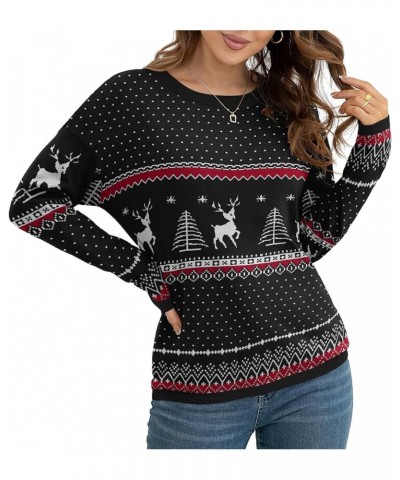 Women's Pullover Sweaters Long Sleeve Print Knitted Crew Neck Sweater Tops（a Little Run Big Christma Black $16.40 Sweaters