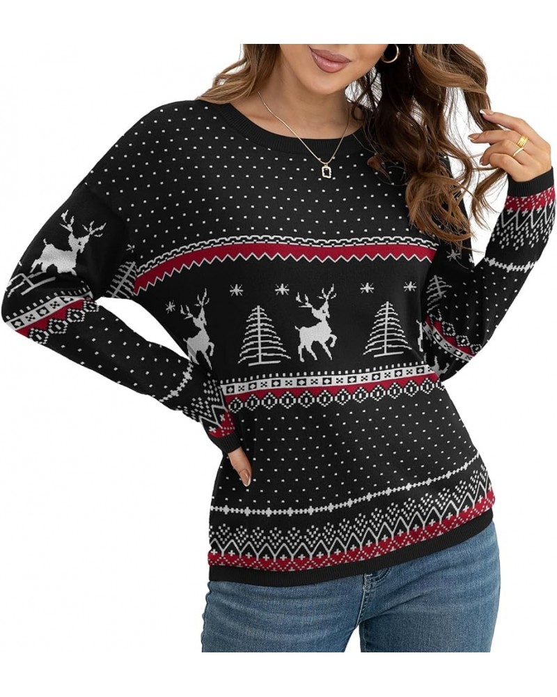 Women's Pullover Sweaters Long Sleeve Print Knitted Crew Neck Sweater Tops（a Little Run Big Christma Black $16.40 Sweaters