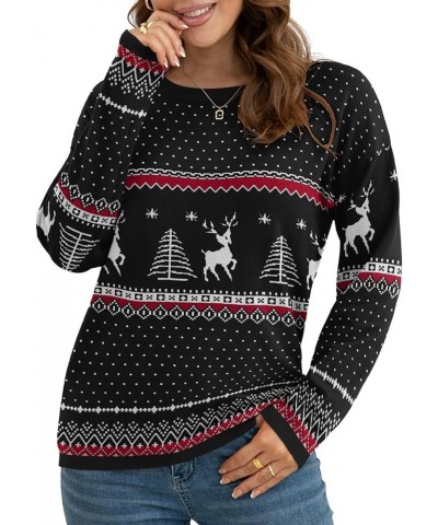 Women's Pullover Sweaters Long Sleeve Print Knitted Crew Neck Sweater Tops（a Little Run Big Christma Black $16.40 Sweaters