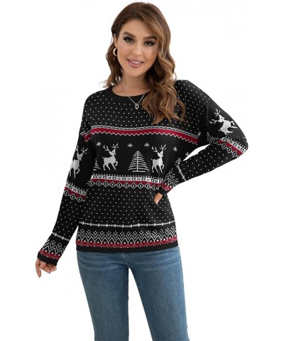 Women's Pullover Sweaters Long Sleeve Print Knitted Crew Neck Sweater Tops（a Little Run Big Christma Black $16.40 Sweaters