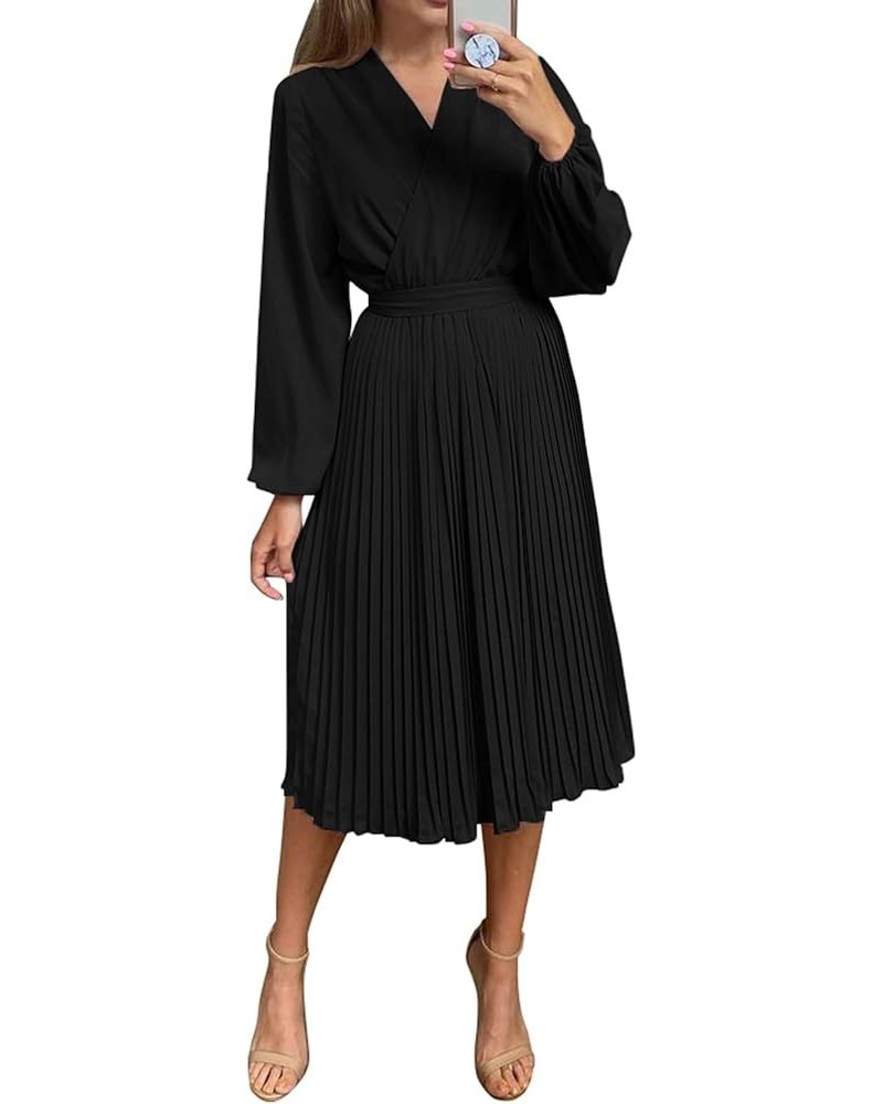 Women's Spring Midi Dress Long Puff Sleeve Wrap V Neck Flowy Ruffle Pleated Casual Fall Dresses Black $28.05 Dresses