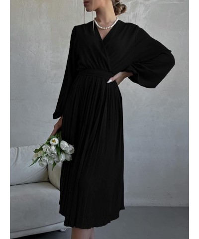 Women's Spring Midi Dress Long Puff Sleeve Wrap V Neck Flowy Ruffle Pleated Casual Fall Dresses Black $28.05 Dresses