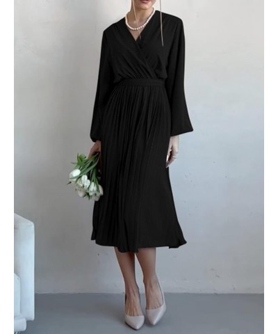 Women's Spring Midi Dress Long Puff Sleeve Wrap V Neck Flowy Ruffle Pleated Casual Fall Dresses Black $28.05 Dresses