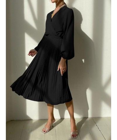 Women's Spring Midi Dress Long Puff Sleeve Wrap V Neck Flowy Ruffle Pleated Casual Fall Dresses Black $28.05 Dresses