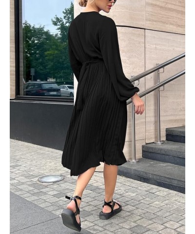 Women's Spring Midi Dress Long Puff Sleeve Wrap V Neck Flowy Ruffle Pleated Casual Fall Dresses Black $28.05 Dresses