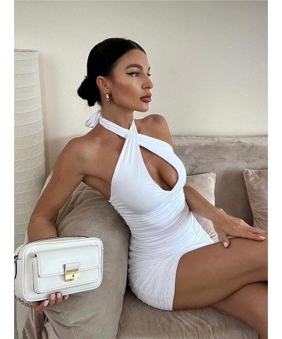 Women's Sexy Bodycon Sleeveless Criss Cross Ruched Halter Mini Dress Party Club Dress White $14.35 Dresses