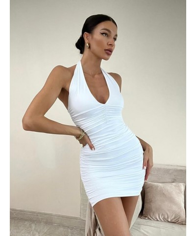 Women's Sexy Bodycon Sleeveless Criss Cross Ruched Halter Mini Dress Party Club Dress White $14.35 Dresses