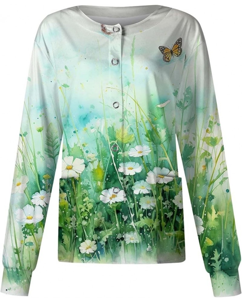 Women Snap-Front Scrub Jacket Long Sleeve Warm Up Flower Printed Scrubs Tops Stand-up Collar Nurses Working Uniforms 03 $13.7...