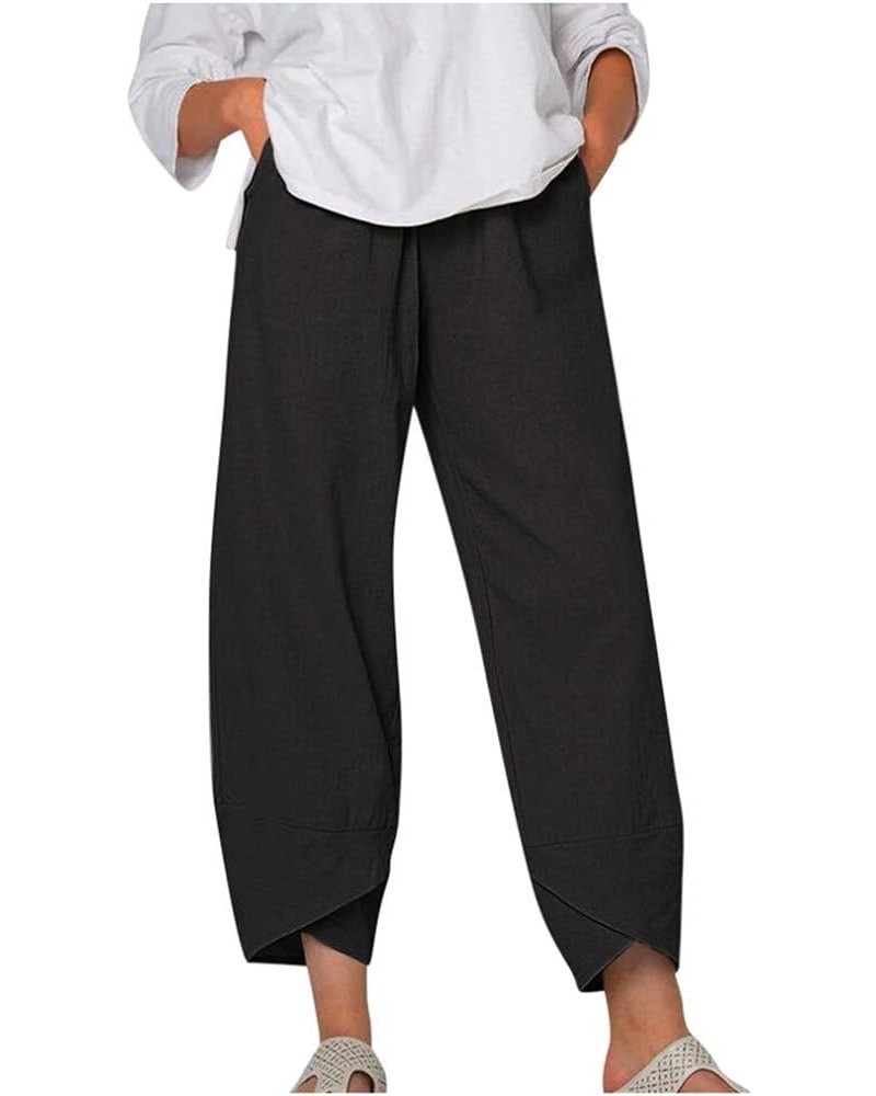 Cotton Linen Casual Summer Capri Pants Printed Cropped Comfy Baggy Trousers with Pockets Palazzo Lounge Pants A10 Black $13.3...