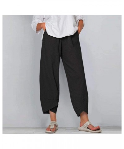 Cotton Linen Casual Summer Capri Pants Printed Cropped Comfy Baggy Trousers with Pockets Palazzo Lounge Pants A10 Black $13.3...