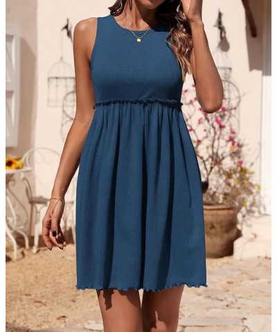 Women Sleeveless Summer Dress 2024 Crewneck Ribbed Knit Ruffle Swing Button Down Beach Sun Mini Tank Short Dresses Solid Blue...