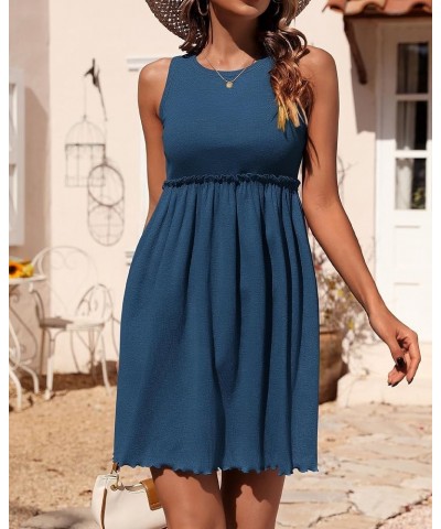 Women Sleeveless Summer Dress 2024 Crewneck Ribbed Knit Ruffle Swing Button Down Beach Sun Mini Tank Short Dresses Solid Blue...