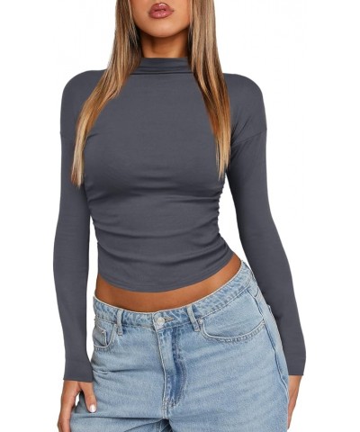 Womens Fleece Long Sleeve Mock Neck Basic Layering Slim Fitted T Shirts Fall Fashion Y2K Crop Tops Grey $10.59 T-Shirts