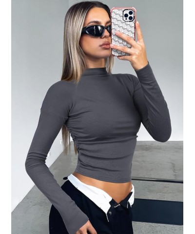 Womens Fleece Long Sleeve Mock Neck Basic Layering Slim Fitted T Shirts Fall Fashion Y2K Crop Tops Grey $10.59 T-Shirts