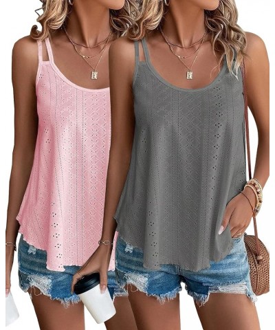 2 Pack Women's Tank Tops Eyelet Embroidery Sleeveless Spaghetti Strap Tops Scoop Neck Loose Fit Casual Flowy Cami Pink&grey $...